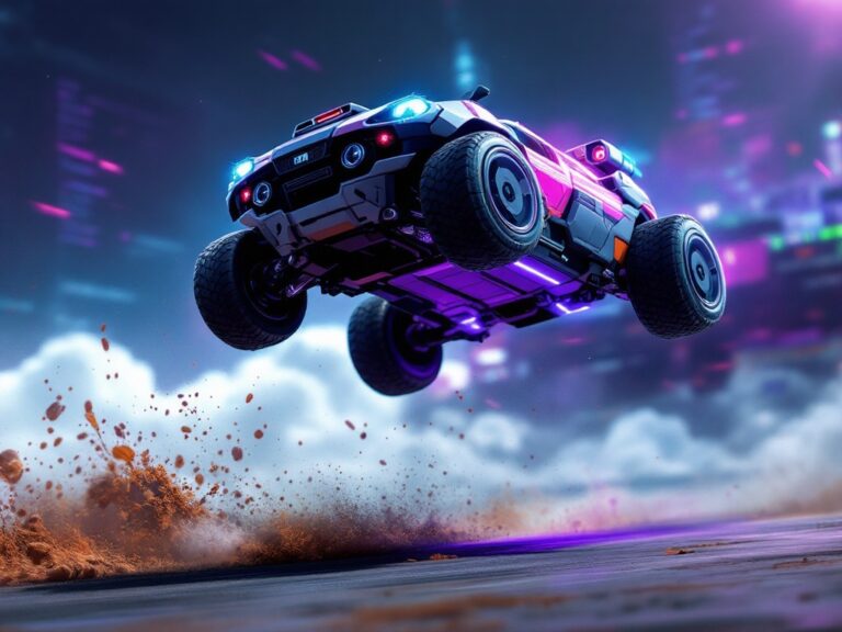 A Rocket League car performing an aerial maneuver with a futuristic bot design.