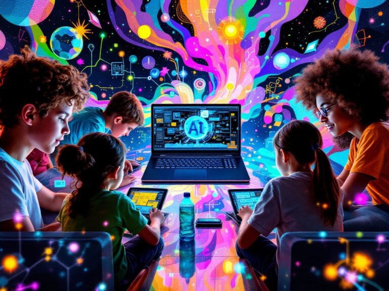 Campers engaging with AI tools and vibrant artwork