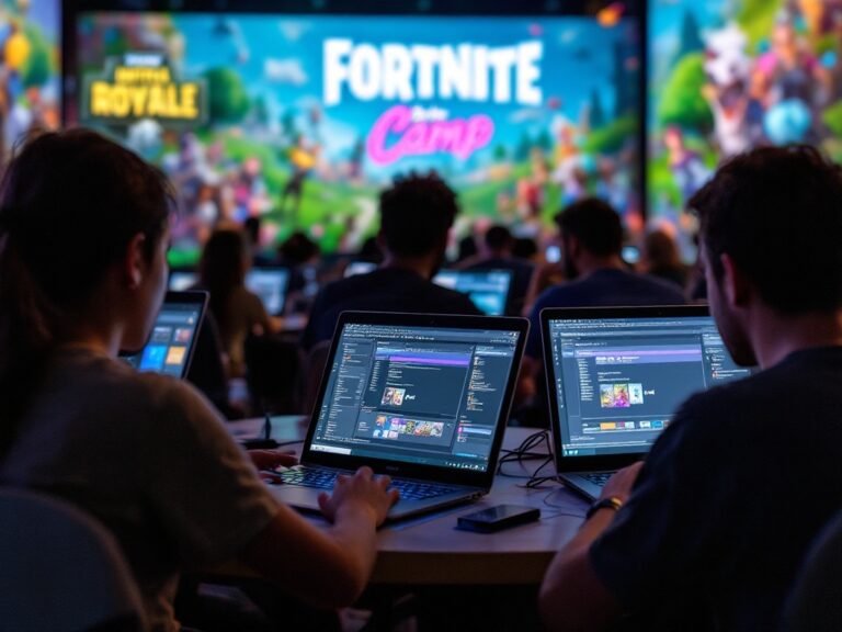 Campers working on laptops with Unreal Engine and Fortnite-style graphics