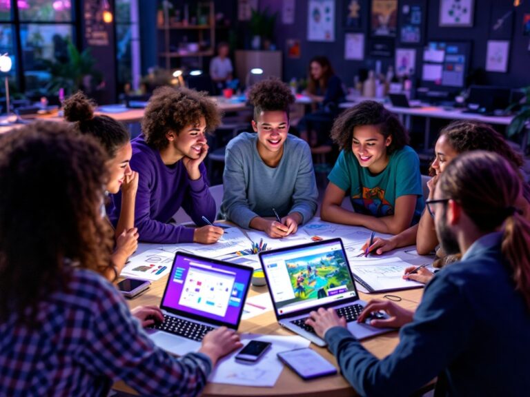 Collaborative group setting with diverse teens brainstorming on a Fortnite-inspired project