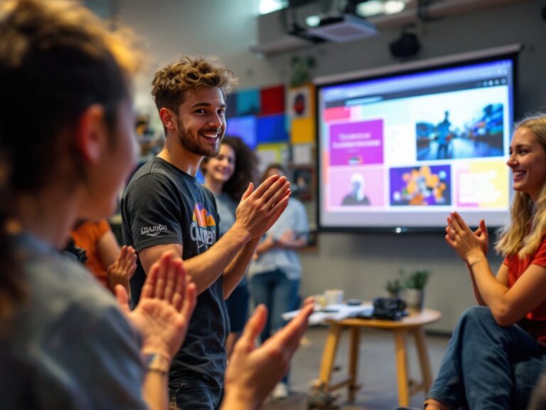 Camper presenting their finished content project to a group of peers