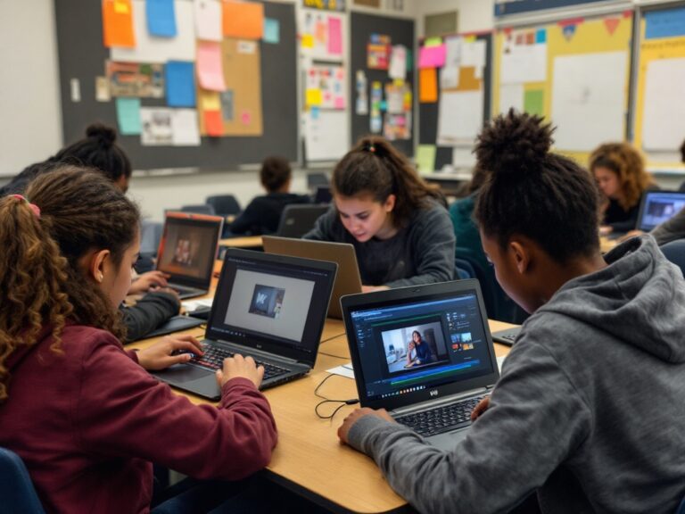 Teens editing videos together on laptops in a classroom setting