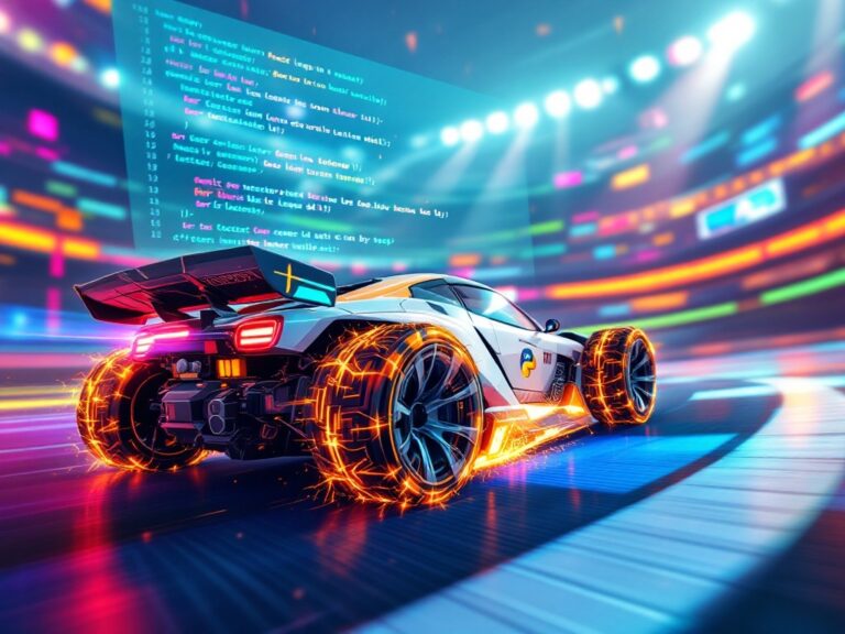 A Rocket League car bot in action, showcasing vibrant gameplay with a Python code overlay