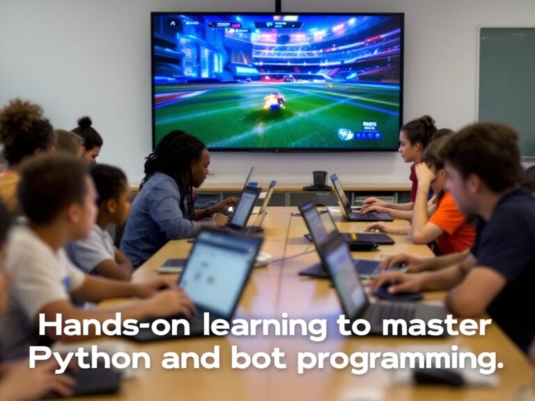 A classroom-like setting with students coding on laptops, Rocket League gameplay on the screen.