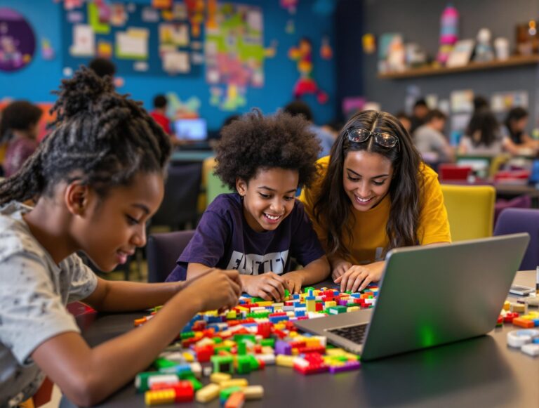 Kids using legos with teacher